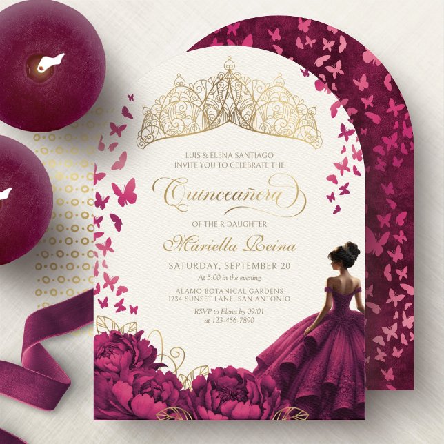 Invitación Flores de Borgoña Vestir a la princesa Quinceanera (Subido por el creador)