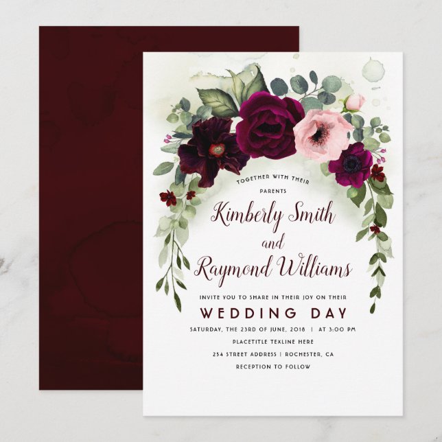 Invitación Flores de Borgoña y Boda de Garland verde (Anverso / Reverso)