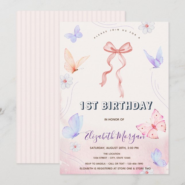 Invitación Flores De Bow Rosadas Mariposas Cumpleaños Rastrea (Anverso / Reverso)