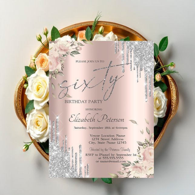 Invitación Flores de Brillo Plateado Rosa Dorado 60 Cumpleaño (Subido por el creador)