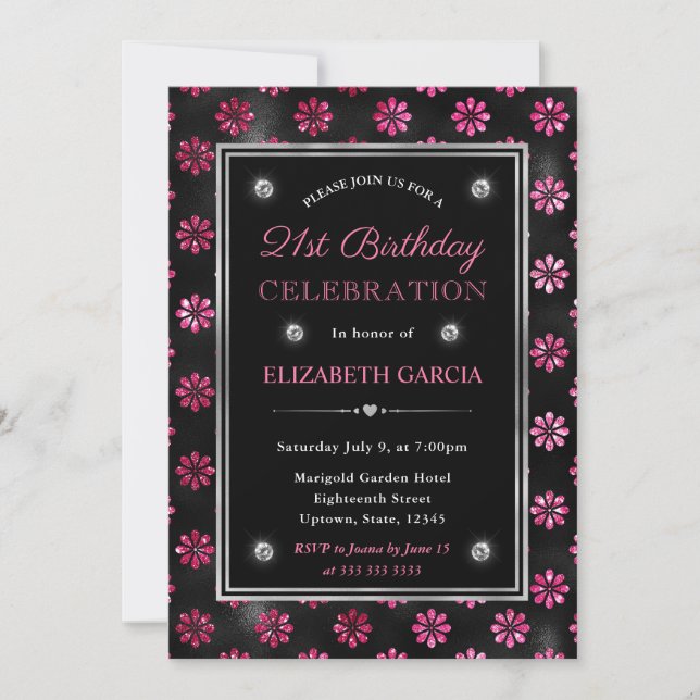 Invitación Flores de brillo rosa y negro Glam Cumpleaños 21 (Anverso)