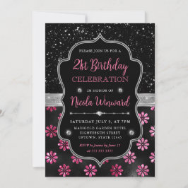 Invitación Flores de brillo rosadas y negras Cumpleaños 21