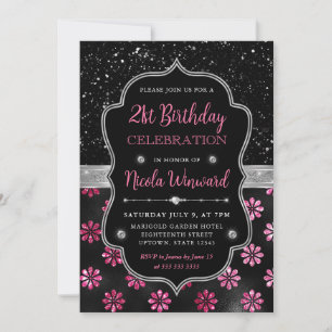 Invitación Flores de brillo rosadas y negras Cumpleaños 21