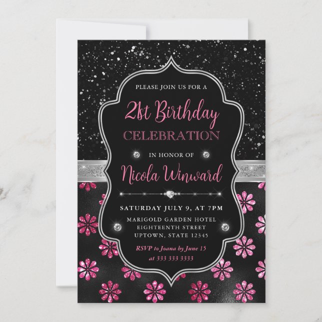 Invitación Flores de brillo rosadas y negras Cumpleaños 21 (Anverso)