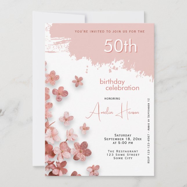 Invitación Flores de brillo rosado Cumpleaños 50 (Anverso)