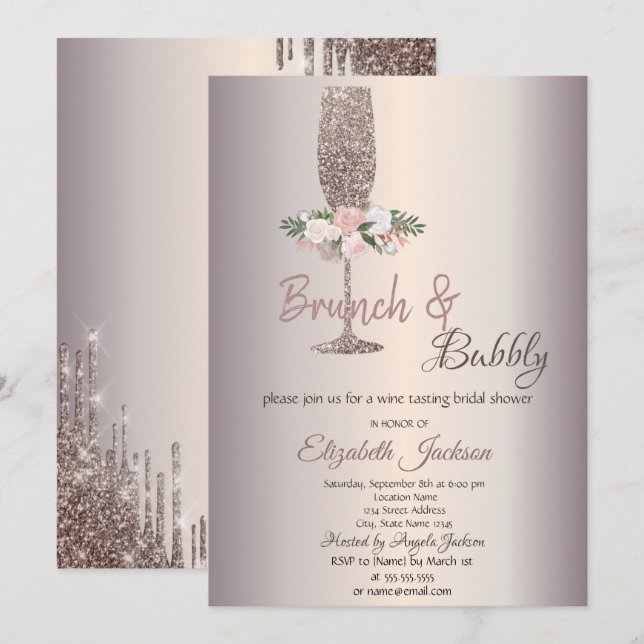 Invitación Flores de brunch y burbuja Subió ducha de novias d (Anverso / Reverso)