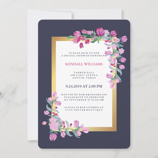 Invitación Flores de buganvillas rosas, doradas y azules de m (Anverso)