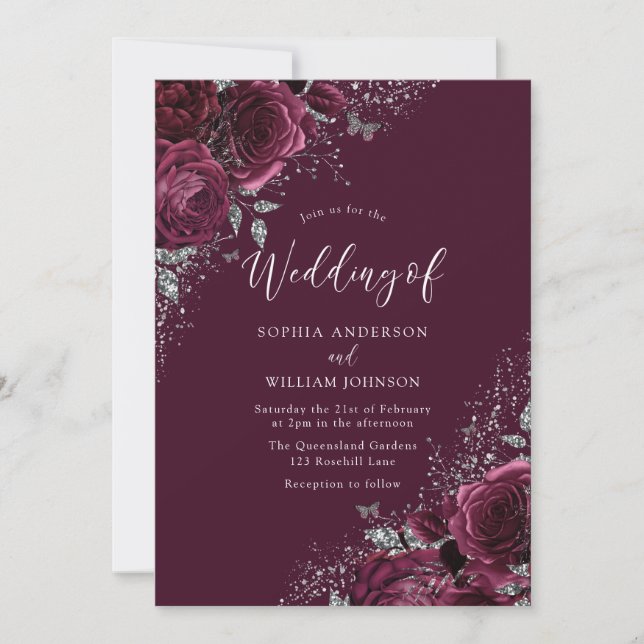 Invitación Flores de Burgundy con Brillo Plateado Boda Elegan (Anverso)