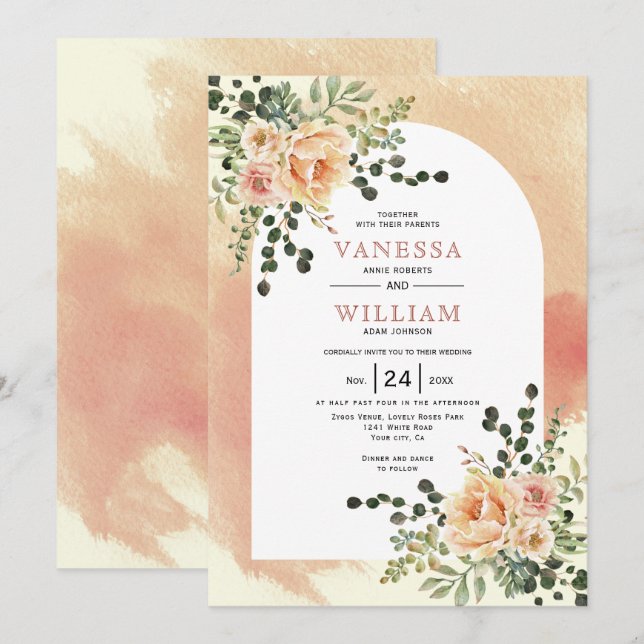 Invitación Flores de cactus de peach boda de arco de terracot (Anverso / Reverso)