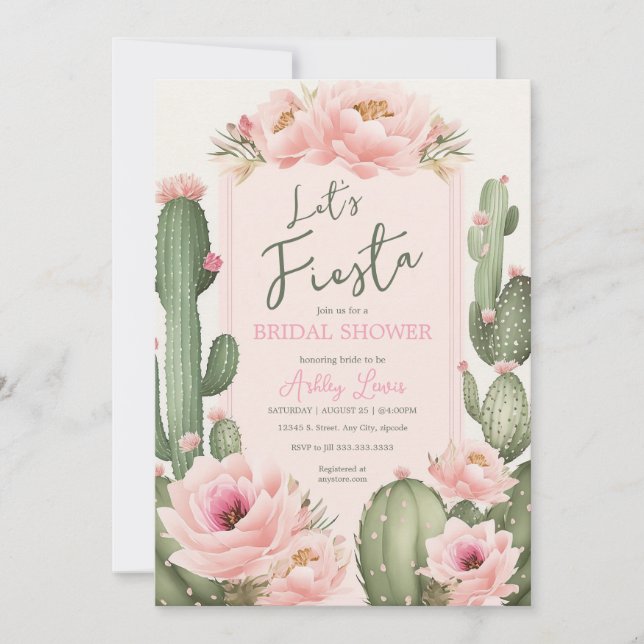 Invitación Flores de Cactus Rosa, Desierto Greenery Blush (Anverso)