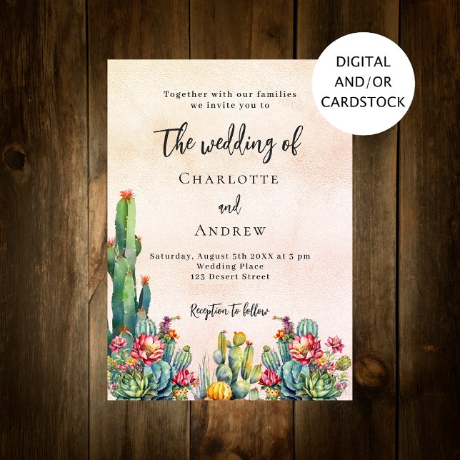Invitación Flores de cactus rosa rústico boda de oro (Subido por el creador)