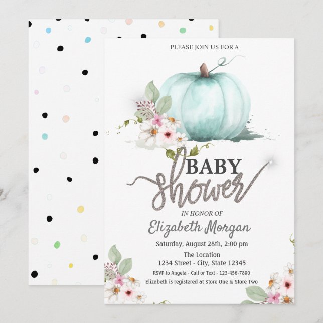 Invitación Flores de calabaza acuarela Baby Shower punteado (Anverso / Reverso)