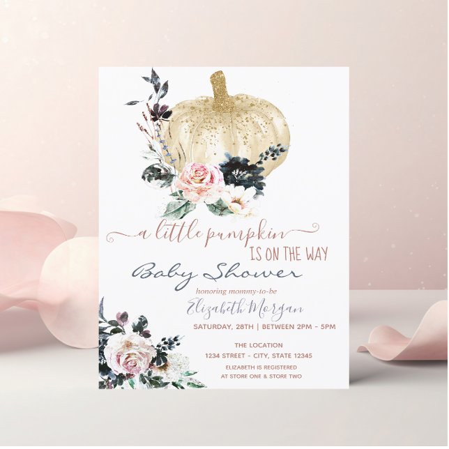 Invitación Flores de calabaza purpurina, Baby Shower punteado (Subido por el creador)