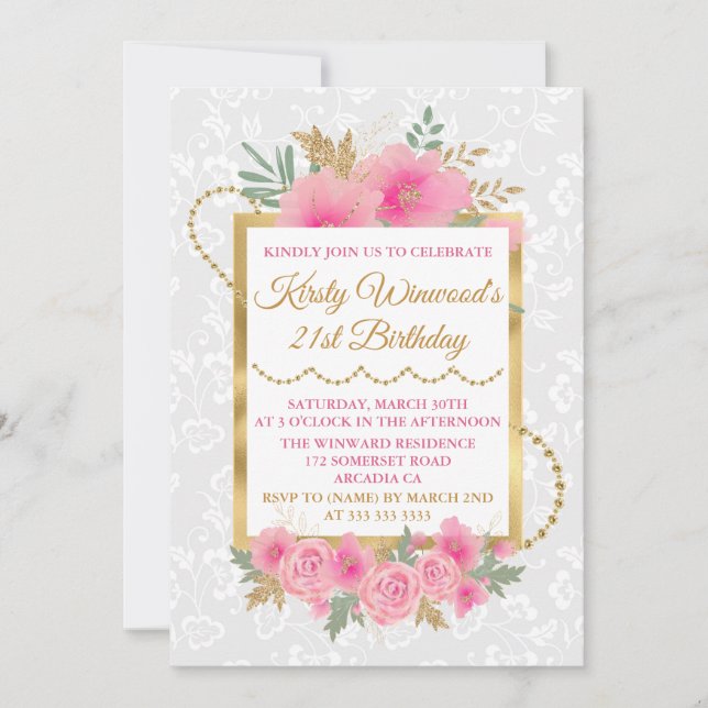Invitación Flores de calabaza rosa acuarela Cumpleaños con lá (Anverso)