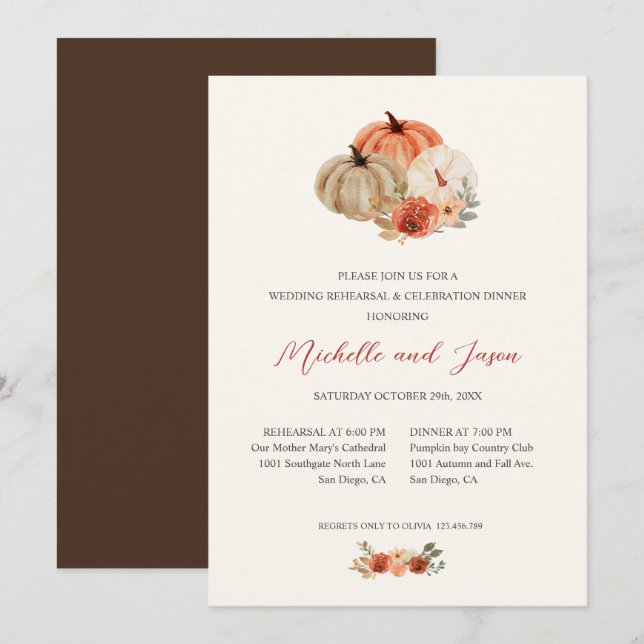 Invitación Flores de calabazas de otoño REHEARSAL elegante (Anverso / Reverso)