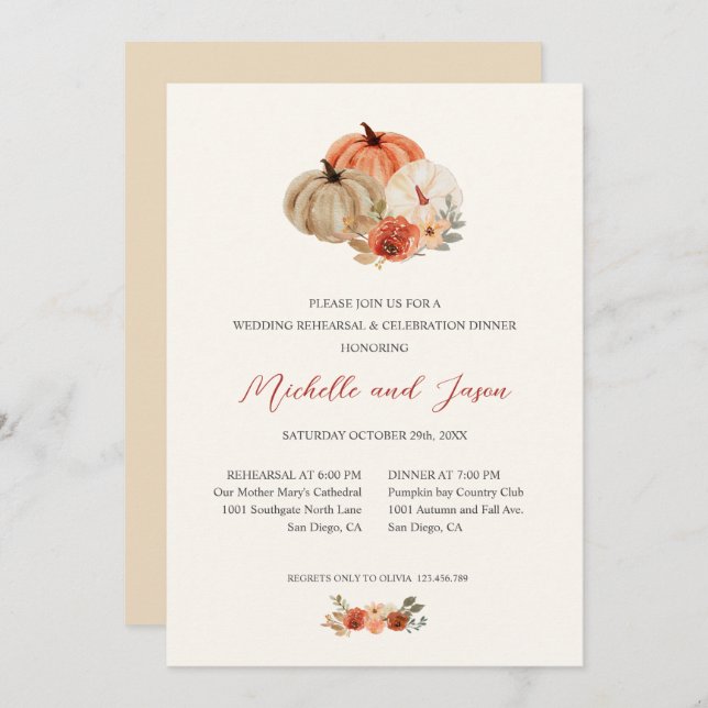 Invitación Flores de calabazas de otoño REHEARSAL elegante (Anverso / Reverso)