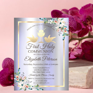 Invitación Flores de cáliz dorado morado metálico