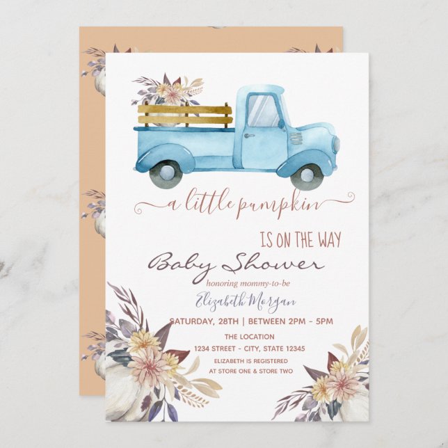 Invitación Flores de camión de calabaza pequeña, Baby Shower  (Anverso / Reverso)
