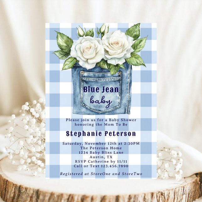 Invitación Flores de campo Cute Gingham Blue Jean Baby Shower (Subido por el creador)