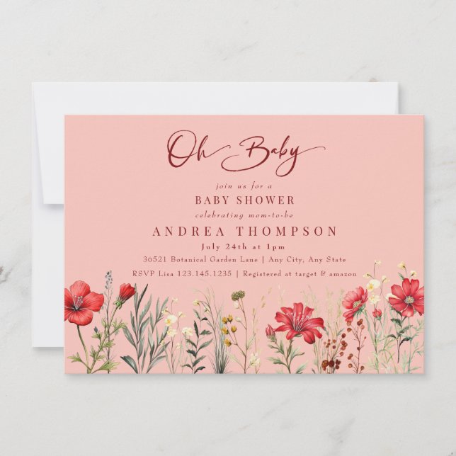 Invitación Flores de campo Rojas Flores salvajes Oh Baby Baby (Anverso)