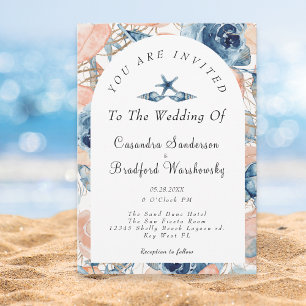 Invitación Flores de caparazón azul Watercolor Beach Wedding