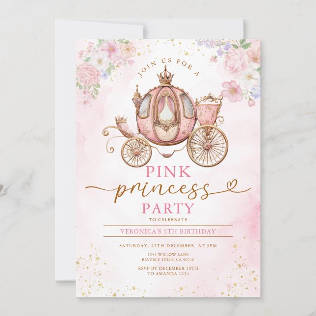 Invitación Flores de Carruaje de Cumpleaños de Princesa Rosa  (Anverso)