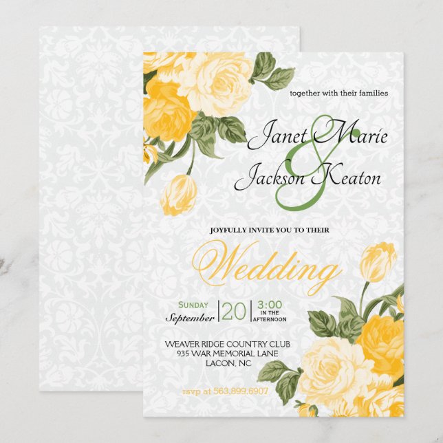 Invitación Flores de casamiento amarillo dorado de bonito (Anverso / Reverso)