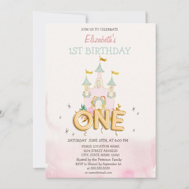 Invitación Flores de Castillo de Acuarela Cumpleaños Uno 1 (Anverso)