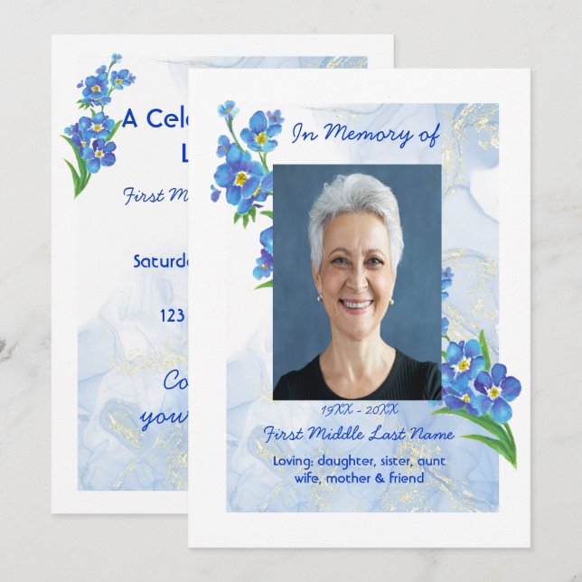 Invitación Flores de celebración del servicio de vida me olvi (Anverso / Reverso)