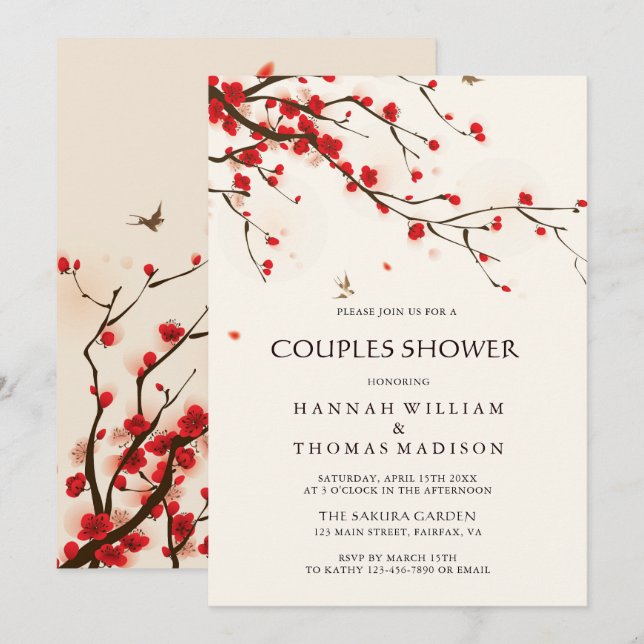 Invitación Flores de cerezo acuarela Ducha Parejas Florales (Anverso / Reverso)