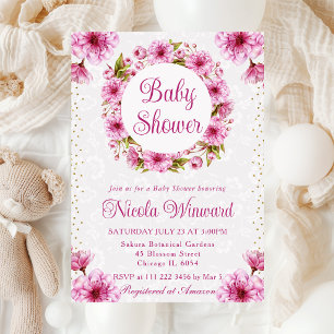Invitación Flores de cerezo acuarela Wreath Baby Shower