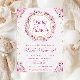 Invitación Flores de cerezo acuarela Wreath Baby Shower