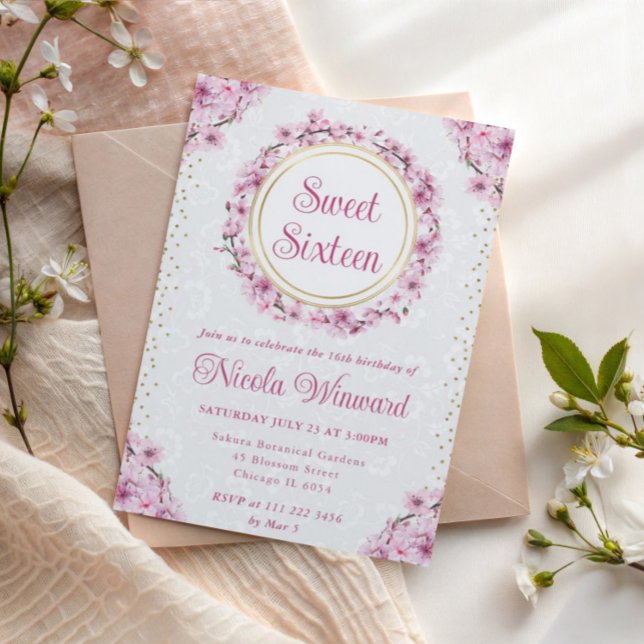 Invitación Flores de cerezo acuarela Wreath Sweet 16 (Subido por el creador)