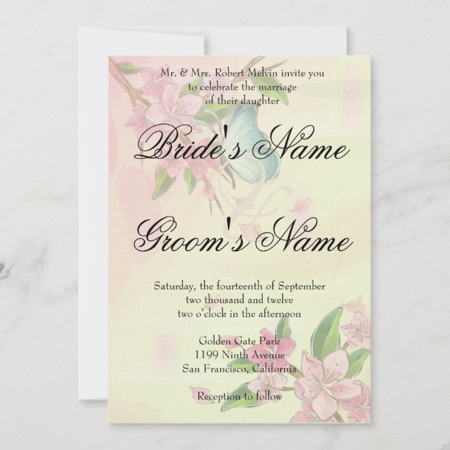 Invitación Flores de cerezo acuático mariposas (Anverso)