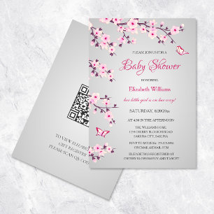 Invitación Flores de cerezo Baby Shower Gris rosa rosa