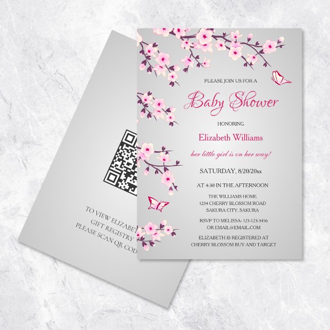 Invitación Flores de cerezo Baby Shower Gris rosa rosa (Subido por el creador)