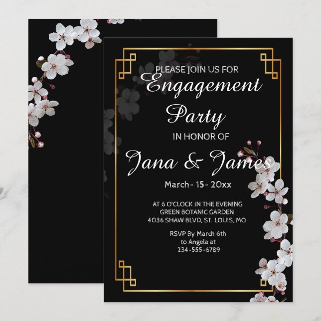 Invitación Flores de cerezo blancas y marco dorado de comprom (Anverso / Reverso)