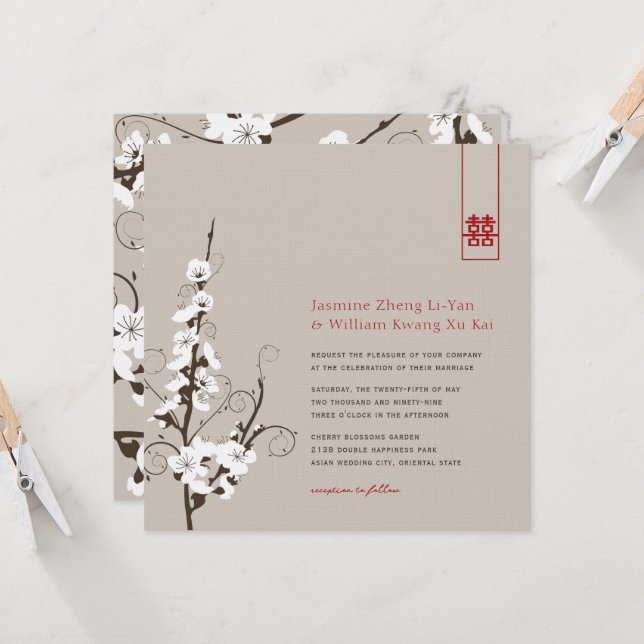 Invitación Flores de cerezo blanco Sakura Swirle Boda asiátic (Anverso/Reverso In Situ)