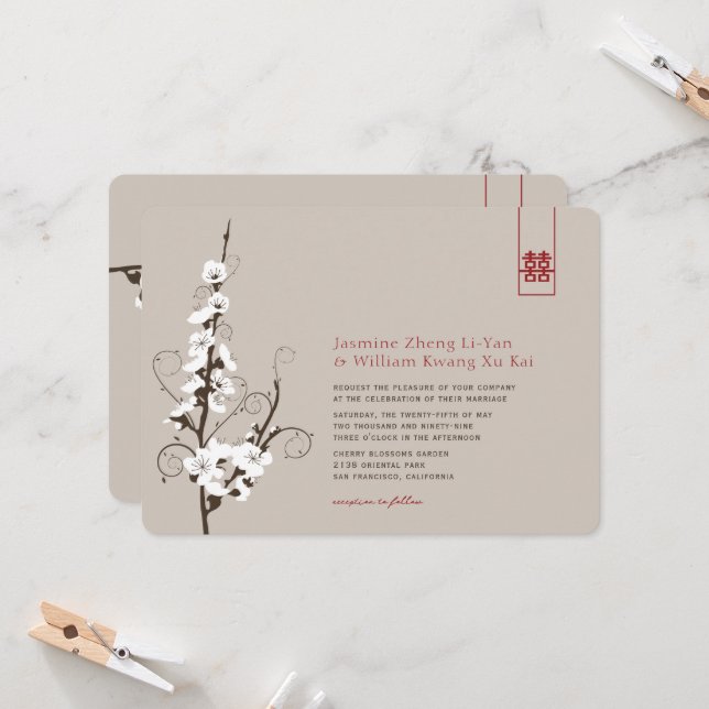Invitación Flores de cerezo blanco Sakura Swirle Boda asiátic (Anverso/Reverso In Situ)