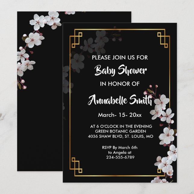 Invitación flores de cerezo blanco y marco dorado Baby Shower (Anverso / Reverso)