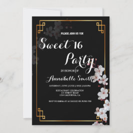 Invitación flores de cerezo blanco y marco dorado dulce 16
