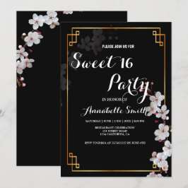 Invitación flores de cerezo blanco y marco dorado dulce 16