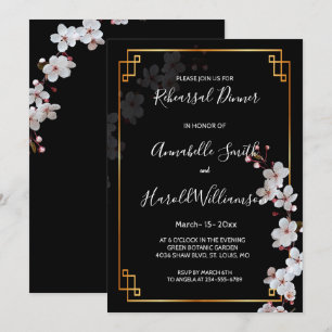 Invitación Flores de cerezo blanco y marco dorado ensayar cen