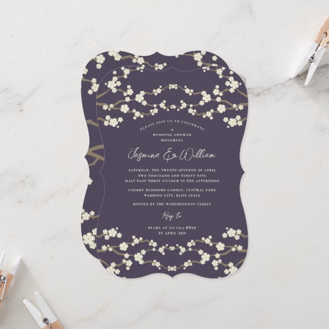 Invitación Flores de Cerezo Crema Sakura Moradas Boda Asiátic (Anverso/Reverso In Situ)