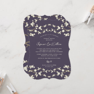 Invitación Flores de Cerezo Crema Sakura Moradas Boda Asiátic