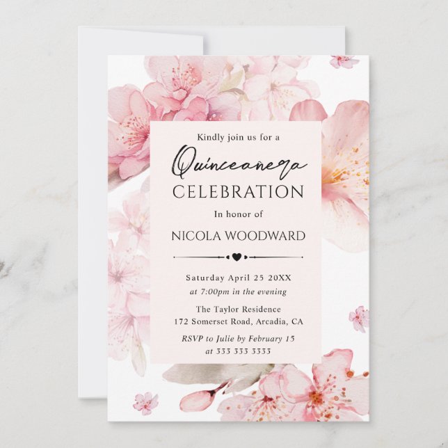 Invitación Flores de cerezo de primavera acuarela Quinceanera (Anverso)