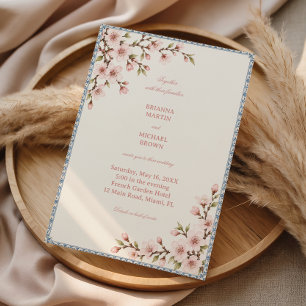 Invitación Flores de Cerezo Dentro de Baldosas Azules