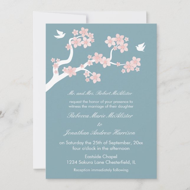 Invitación Flores de cerezo en azul (Anverso)