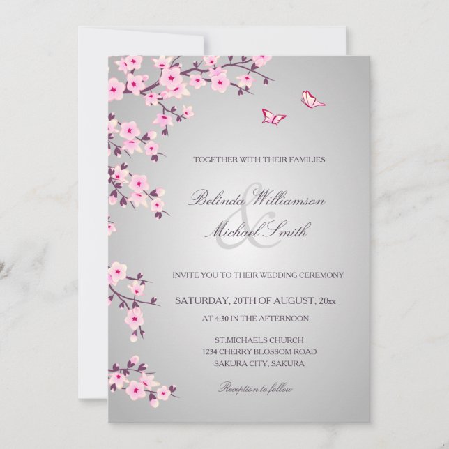 Invitación Flores de cerezo en Boda gris rosado (Anverso)