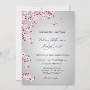 Invitación Flores de cerezo en Boda gris rosado